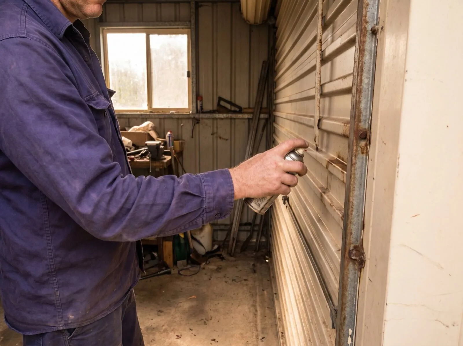A technician lubricating the side track and rollers of a cream roller door