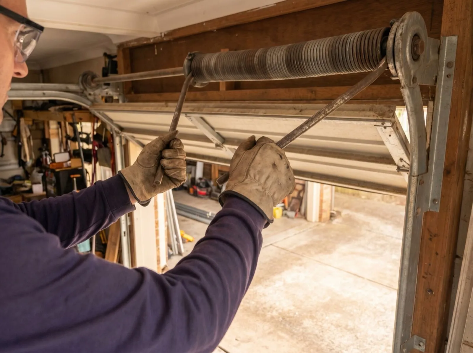 Gloved hands using winding bars to tension a torsion spring above a garage door