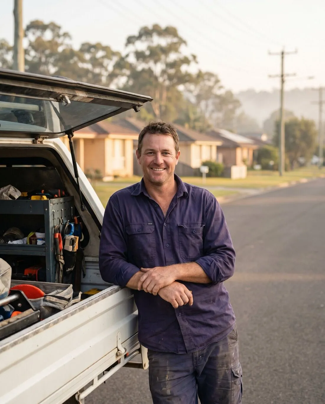 A garage door technician leaning on the tray of his work ute on a misty suburban street